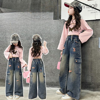 Set Áo Thun Tay Dài Phối Quần Jeans Rách In Hoạt Hình Thời Trang Mùa Xuân Xinh Xắn Cho Bé Gái