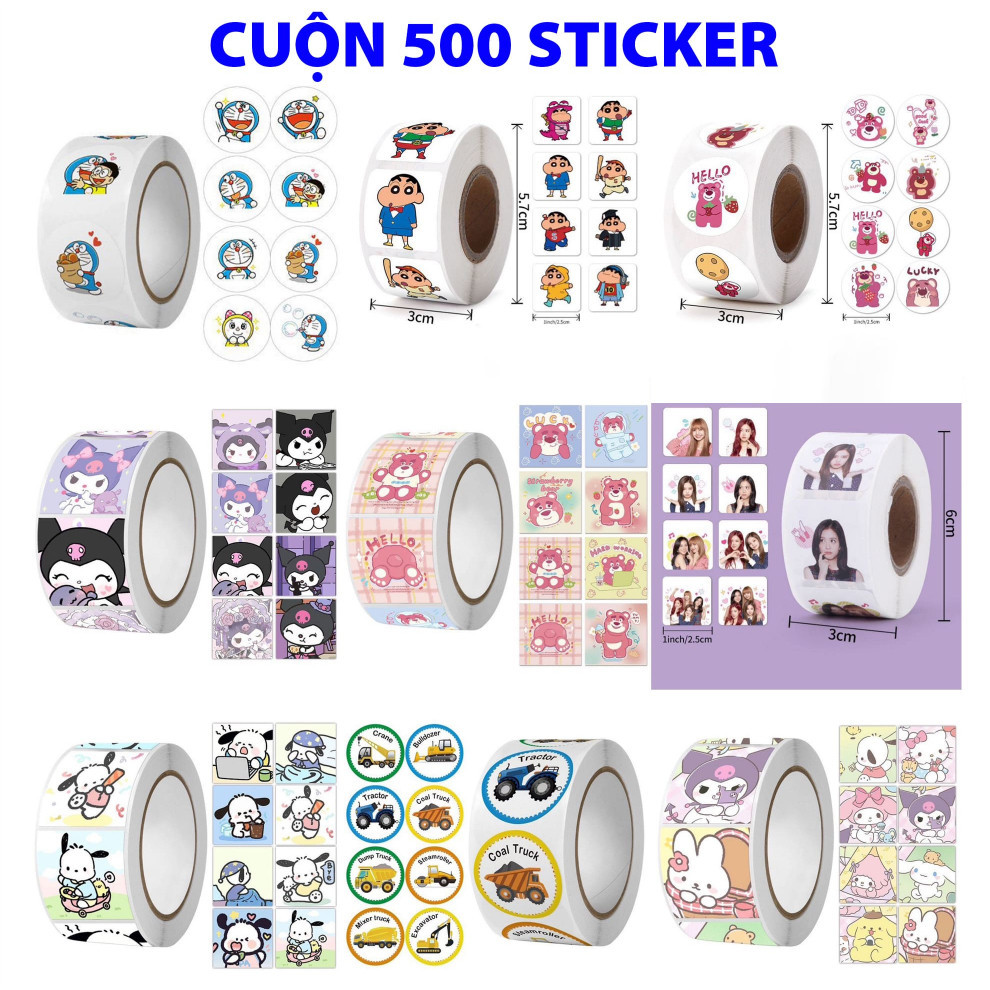 Cuộn 500 sticker khen thưởng hoạt hình ngộ nghĩnh, tem dán sticker gói hàng , set 500 sticker