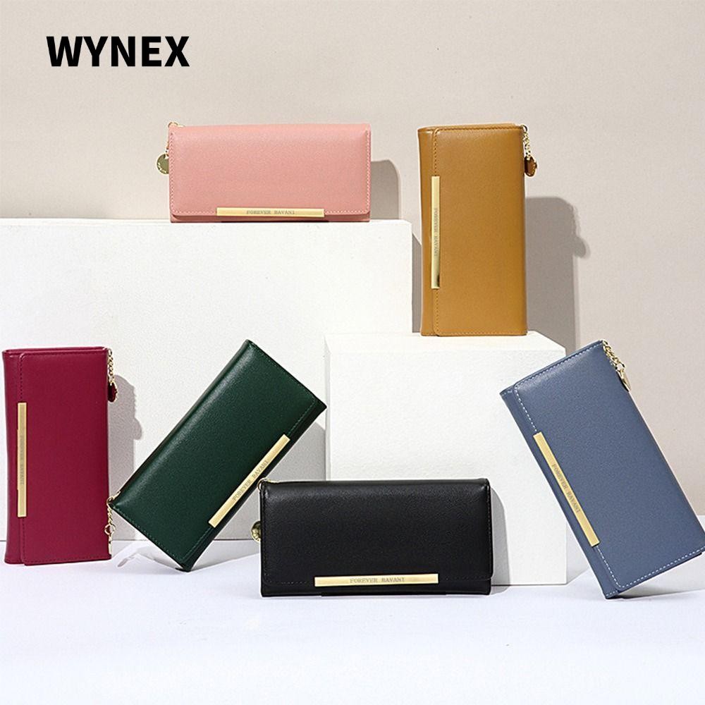Túi ly hợp dây kéo WYNEX, Ví đựng tiền xu đơn giản di động dung tích lớn, Ví dài nữ bằng da PU màu trơn bền bỉ dành cho nữ