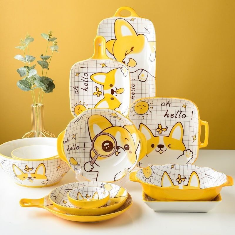 Ceramic Bowls Household Creative Corgi Bowls Plates Cute Children's Tableware Underglaze Colored Bow