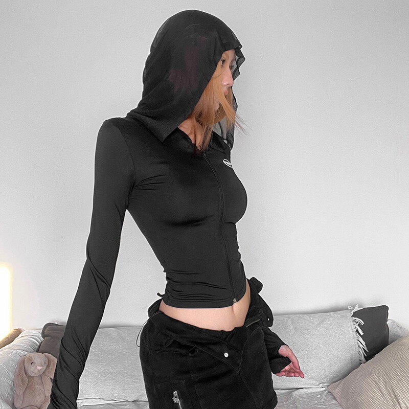 Áo Khoác Tay Dài Có Nón Khóa Kéo In Chữ Phong Cách hip hop Đường Phố y2k Cho Nữ
