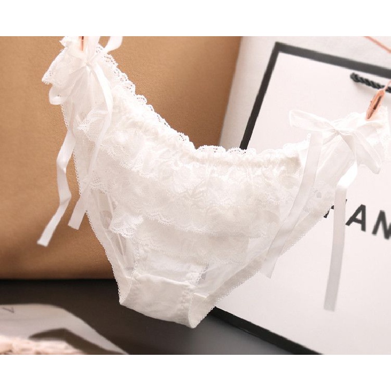 Quần Lót cotton Lưng Thấp Phối Ren Đính Nơ Quyến Rũ Phong Cách Nhật Bản