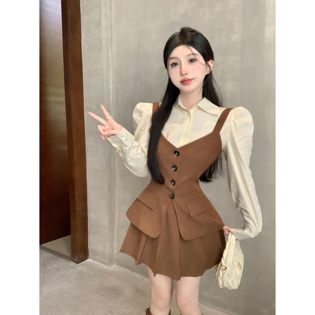 Bộ Áo Sơ Mi Tay Phồng + Chân Váy Xếp Ly Thời Trang retro Cao Cấp Cho Nữ