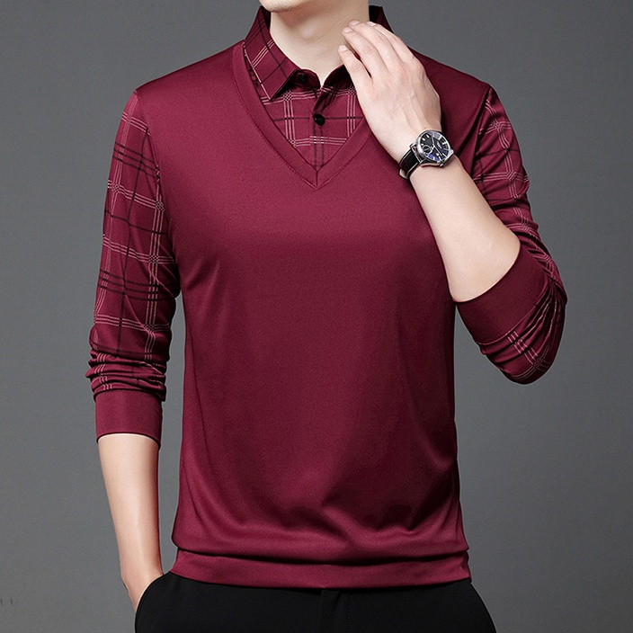 ☞Áo Thun polo Giả Hai Lớp Tay Dài Dáng Rộng In Họa Tiết Caro Trái Tim Phong Cách Hàn Quốc Thời Trang Cho Nam Trung Niên