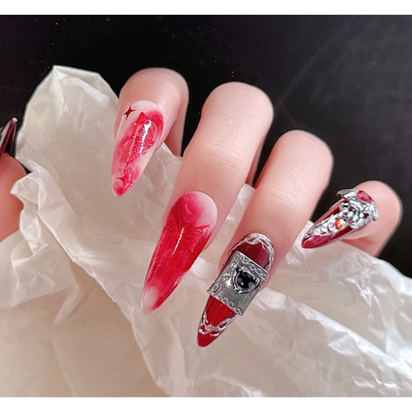 Phụ kiện trang trí móng tay bằng hợp kim nạm kim cương phong cách tối màu phù hợp / Móng tay nghệ thuật hình con quạ hình đầu lâu bằng kim cương / Dây chuyền tình yêu trang trí móng tay