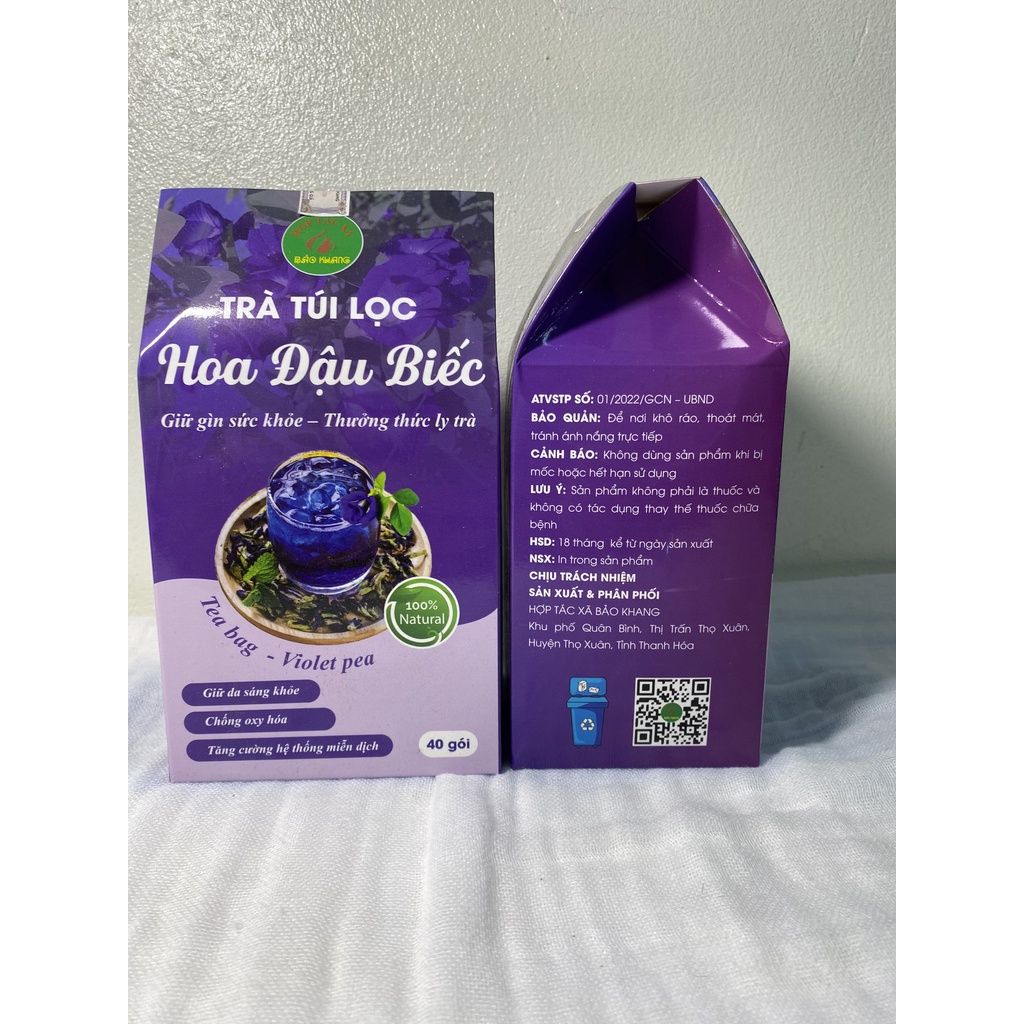 Hộp 40 gói trà túi lọc hoa đậu biếc Bảo Khang, hoa đậu biếc, tiểu buốt, tiểu dắt, tiêu đờm, thanh nhiệt
