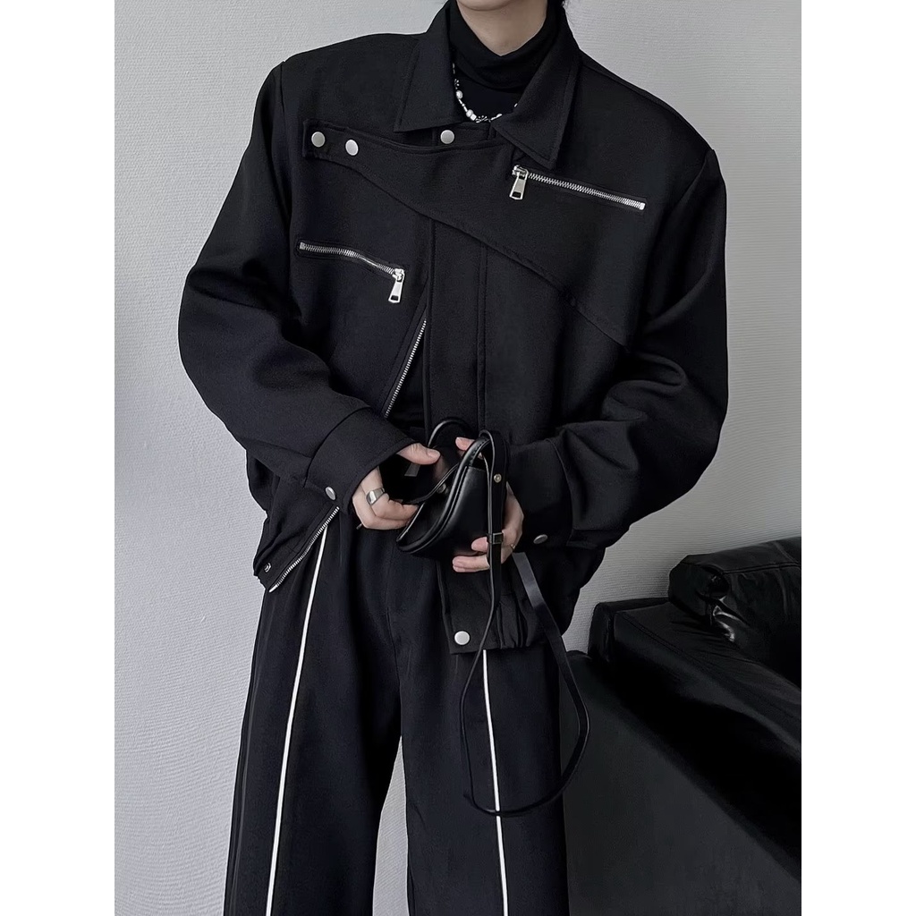 Áo khoác nam  ngắn màu Đen thiết kế Đơn giản thời trang xuân thu hàng mới 2023 dành cho nam nữ thời trang thường ngày Áo khoác dây kéo sành Điệu thời trang