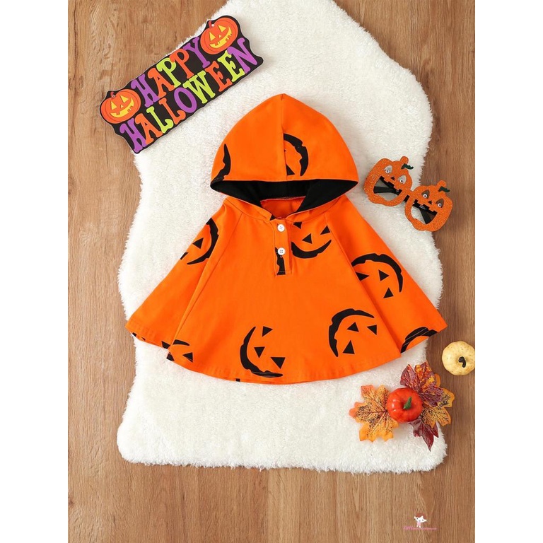 Xzq-kid Áo Choàng poncho Có Mũ Trùm Đầu In Hình Bí Ngô halloween Giản Dị Mùa Xuân Thu