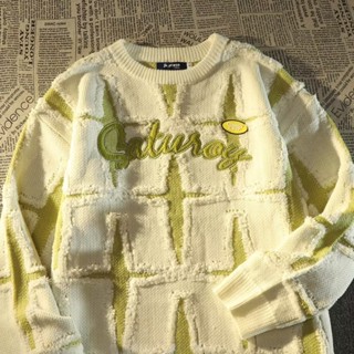 【3 Màu M-2XL】Áo len dệt kim dáng rộng  cao cấp phong cách retro đường phố mỹ mùa xuân thu cho nam áo len bàn cờ thêu chữ trước dệt kim