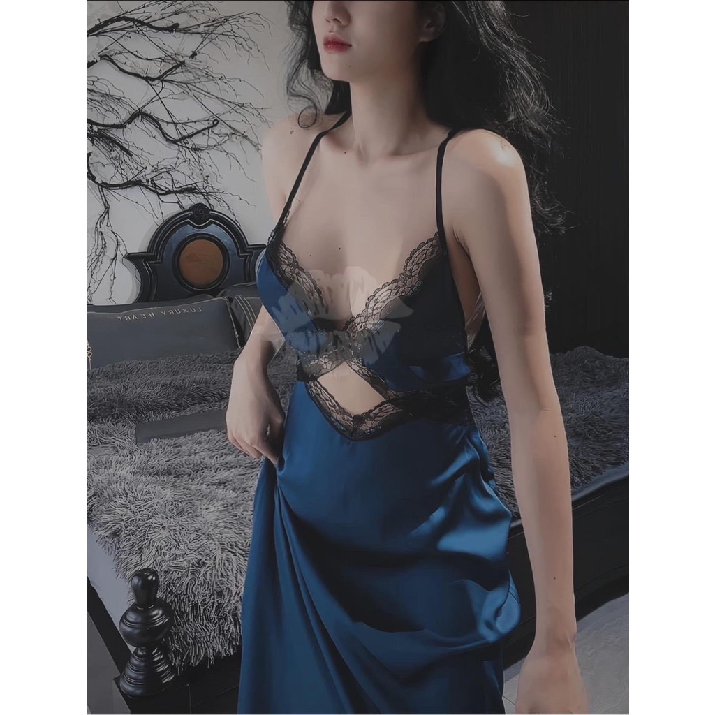 Đầm Ngủ Dáng Dài 2 Dây Phối Ren Cut Bụng Sexy Lụa Latin Cao Cấp Freesize 4O- 58kg - Namishop