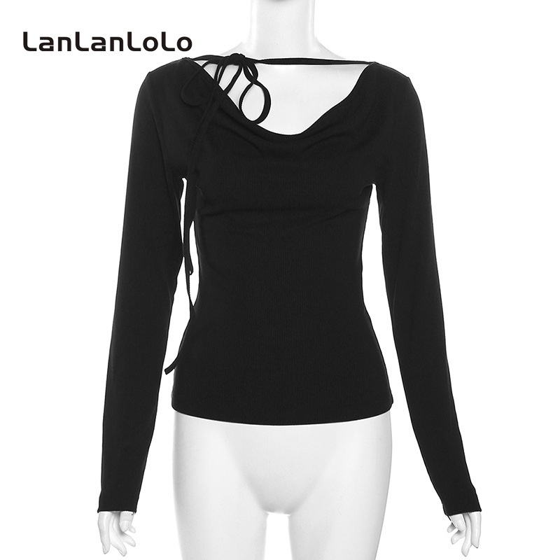 Lanlanlolo Áo Tay Dài Cổ Chữ v Màu Trơn Dáng Ôm Thời Trang 2023 Dành Cho Nữ