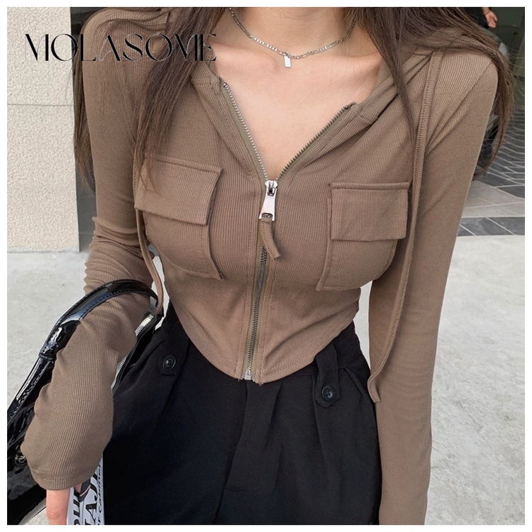 Polaroisome Áo Khoác cardigan Có Mũ Trùm Dài Tay Màu Trơn Thời Trang 2023 Cho Nữ