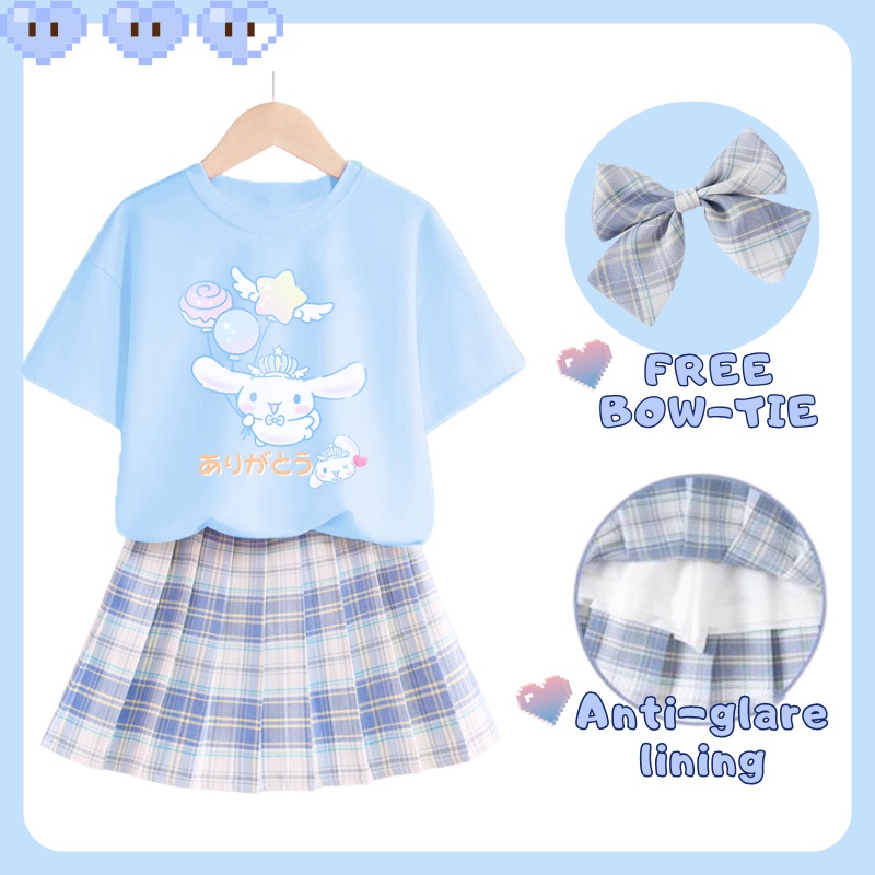 Bộ Trang Phục 2 Mảnh Gồm Áo Thun In Hoạt Hình + Chân Váy Sọc Caro Chất Liệu cotton Cho Bé Gái