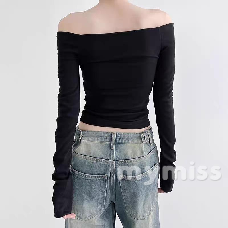 Mymiss1-áo Thun Tay Dài Trễ Vai Cổ Thuyền Màu Trơn Ôm Dáng Thời Trang Xuân Thu Cho Nữ