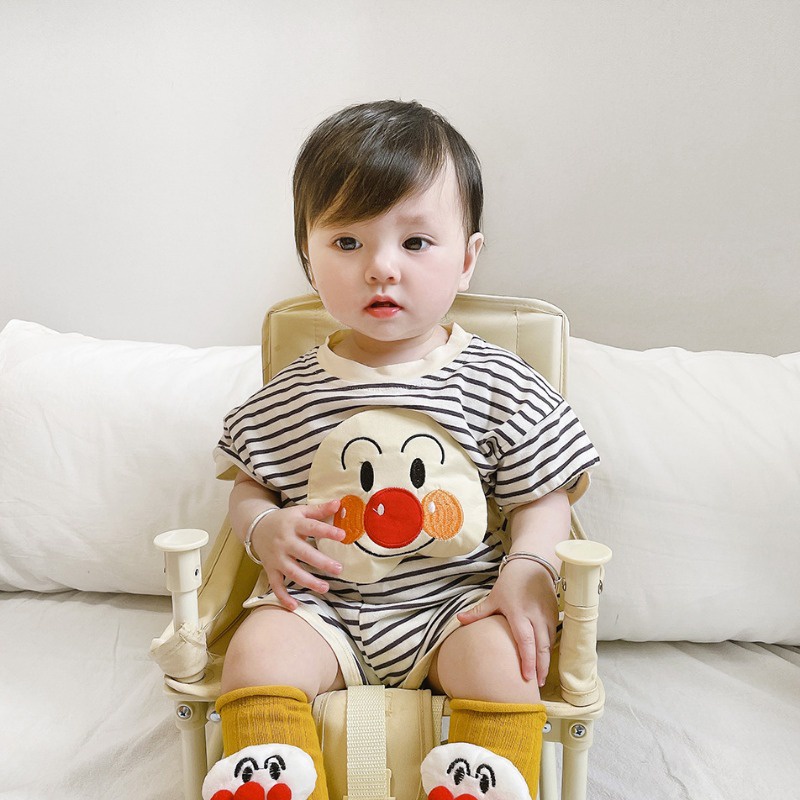 Bộ Áo Liền Quần Bằng cotton Tay Ngắn In Họa Tiết Hoạt Hình Kẻ Sọc Thời Trang Hàn Quốc Cho Bé Sơ Sinh 0-2 Tuổi