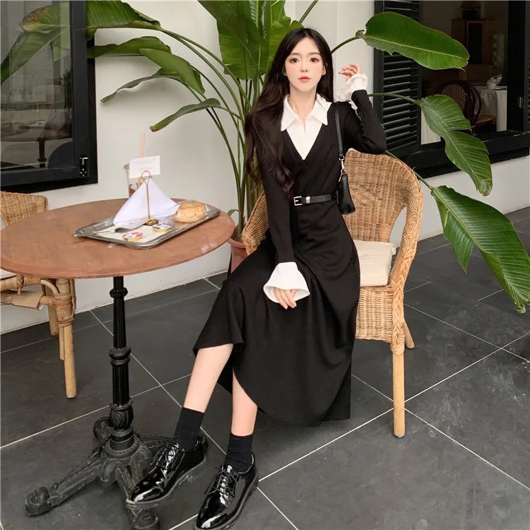 Cozok Đầm Tay Dài Phối Màu Thời Trang Ôm Eo