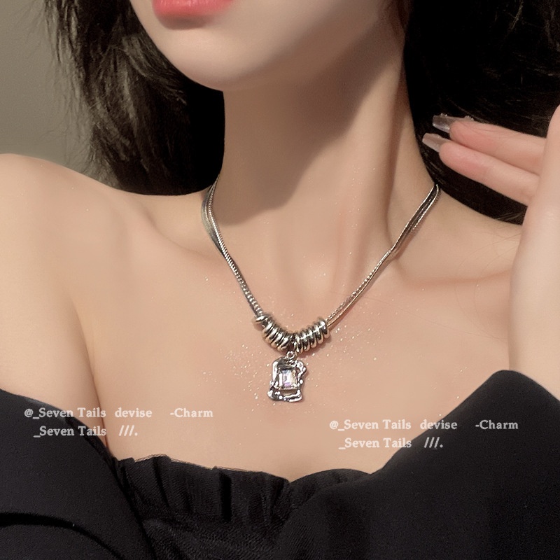 Ahellogirl Vòng cổ Hai Lớp Mặt Vuông Đính Đá zircon Cao Cấp Phong Cách hip hop Thời Trang Thu Đông Dành Cho Nữ