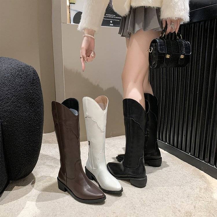 Giày Bốt Cao Bồi Mũi Nhọn Gót Dày Có Khóa Kéo Phía Sau size Lớn 35-42 Cho Nữ