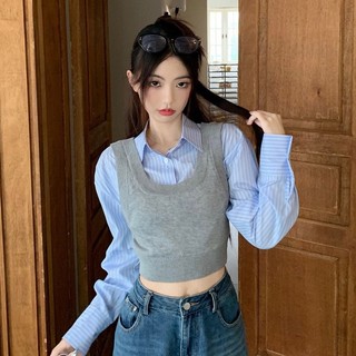 Áo Len Tay Dài Giả Hai Lớp Họa Tiết Kẻ Sọc Thời Trang Thu Đông Mới áo len croptop áo croptop tay dài