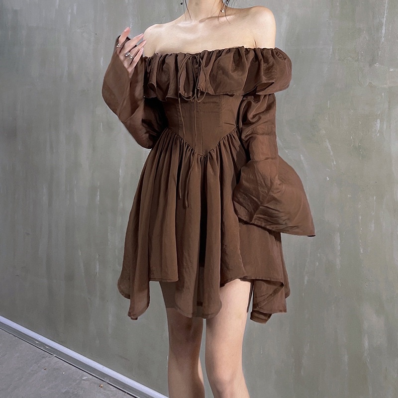 Đầm Váy Corset, Váy Tay Rũ Xoè Nhẹ, Váy Trễ Vai Màu Nâu Phù Hợp Đi Chơi, Đi Học, Đi Làm, Dự Tiệc