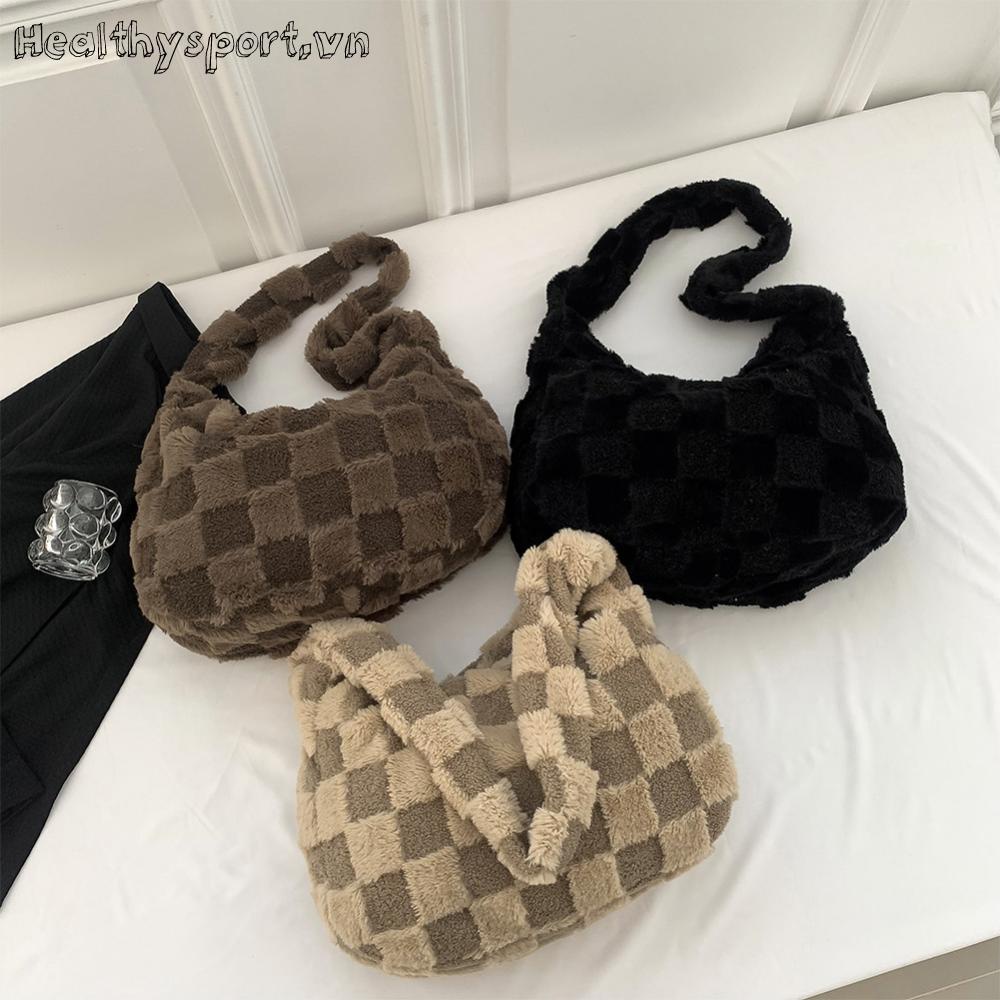 Túi Đeo Chéo Phủ Lông Họa Tiết Caro Thời Trang Thu Đông Cho Nữ