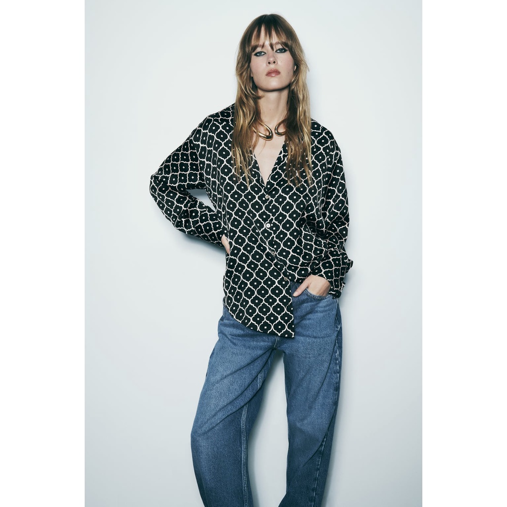 Zara Áo Sơ Mi Lụa satin In Họa Tiết Hình Học Cá Tính Thời Trang 8741246