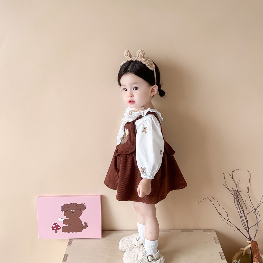 Bộ Áo Cổ Ren In Hoạt Hình + Chân Váy Yếm Xinh Xắn Thời Trang Cho Bé Gái