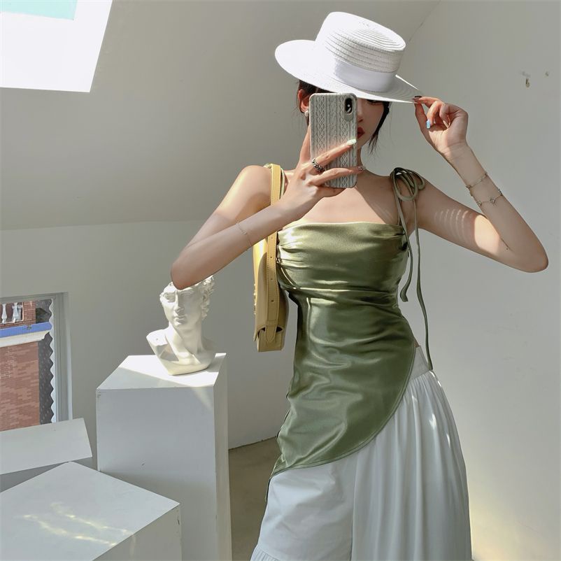 Milyfashion Áo Hai Dây Xếp Ly Ôm Dáng Bằng satin Cao Cấp Phong Cách desire Cho Nữ