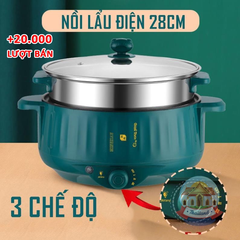 Nồi lẩu điện đa năng 2 tầng 28cm tặng kèm giá hấp inox chống dính NỒI LẨU ĐA NĂNG 2 TẦNG, CA LẨU MINI, BẾP ĐIỆN tiện lợi
