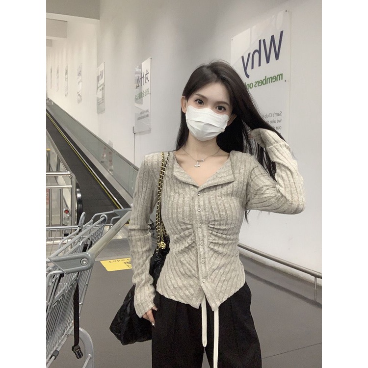 Áo Dệt Kim Tay Dài Dáng Ôm Xếp Ly Thời Trang Mùa Thu Xinh Xắn Cho Nữ