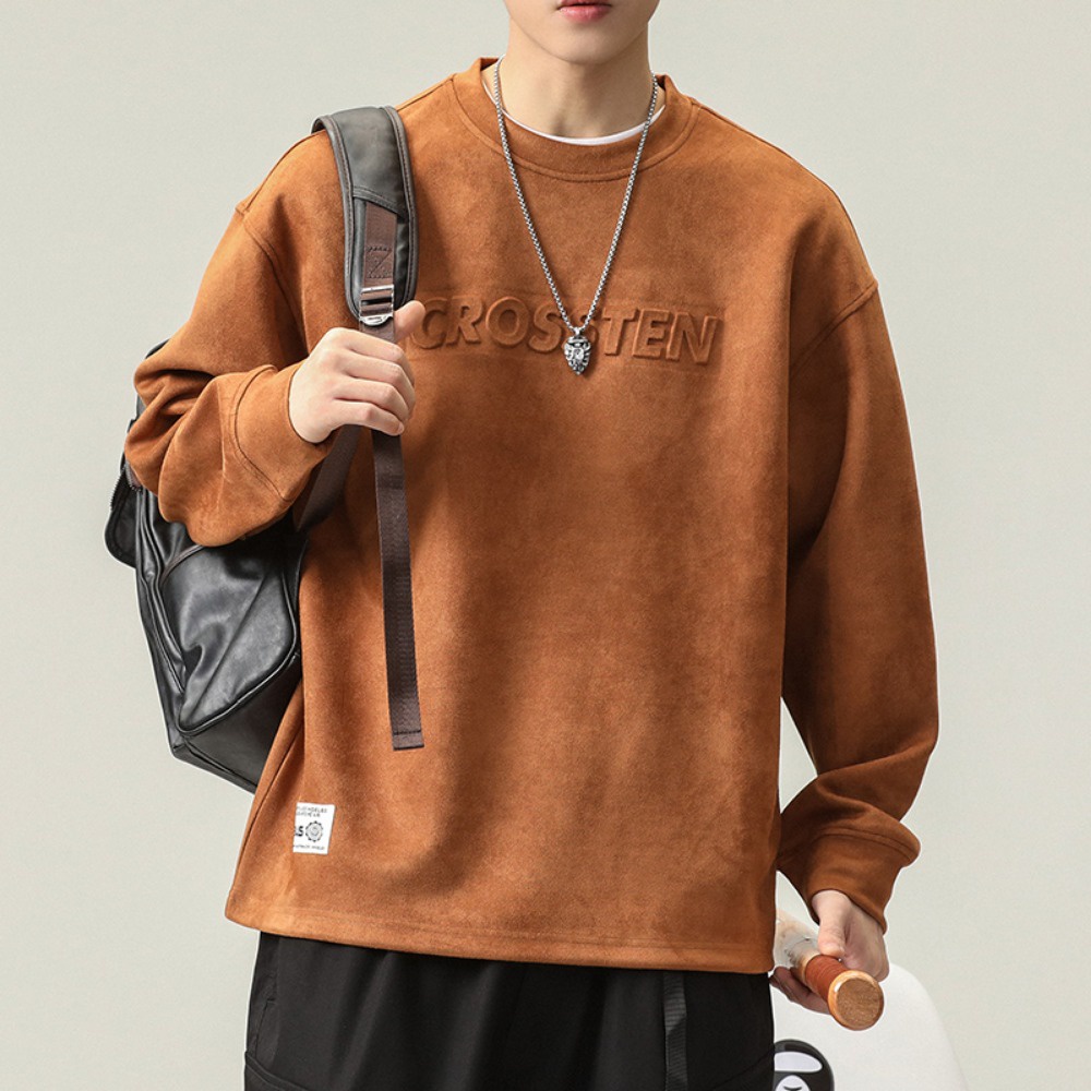 Áo sweater da lộn cổ tròn dáng rộng thời trang thu đông dành cho nam giới