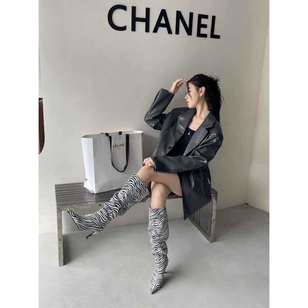 Giày Bốt Cao Gót Mũi Nhọn Họa Tiết Da Báo Thời Trang Âu Mỹ 2023