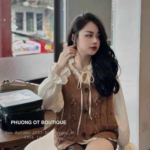 Set áo gile len nâu vintage kèm áo sơ mi bèo hàng QC L1