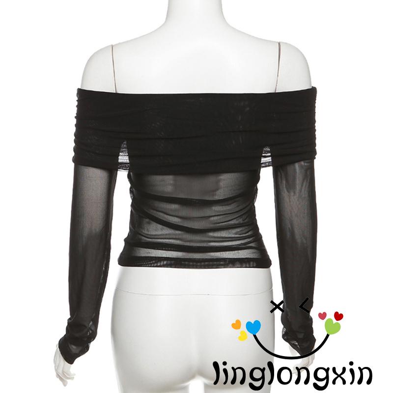 Áo Lưới Tay Dài Cổ Thuyền 2 Màu Sắc Trơn Dành Cho Nữ