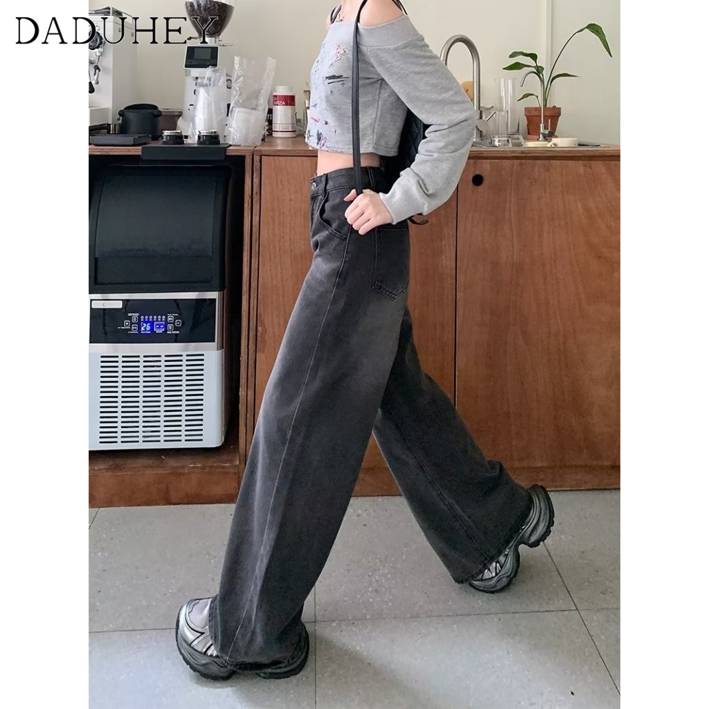 Quần jeans DADUHEY lưng cao ống rộng phong cách đường phố Mỹ cổ điển thời trang cao cấp