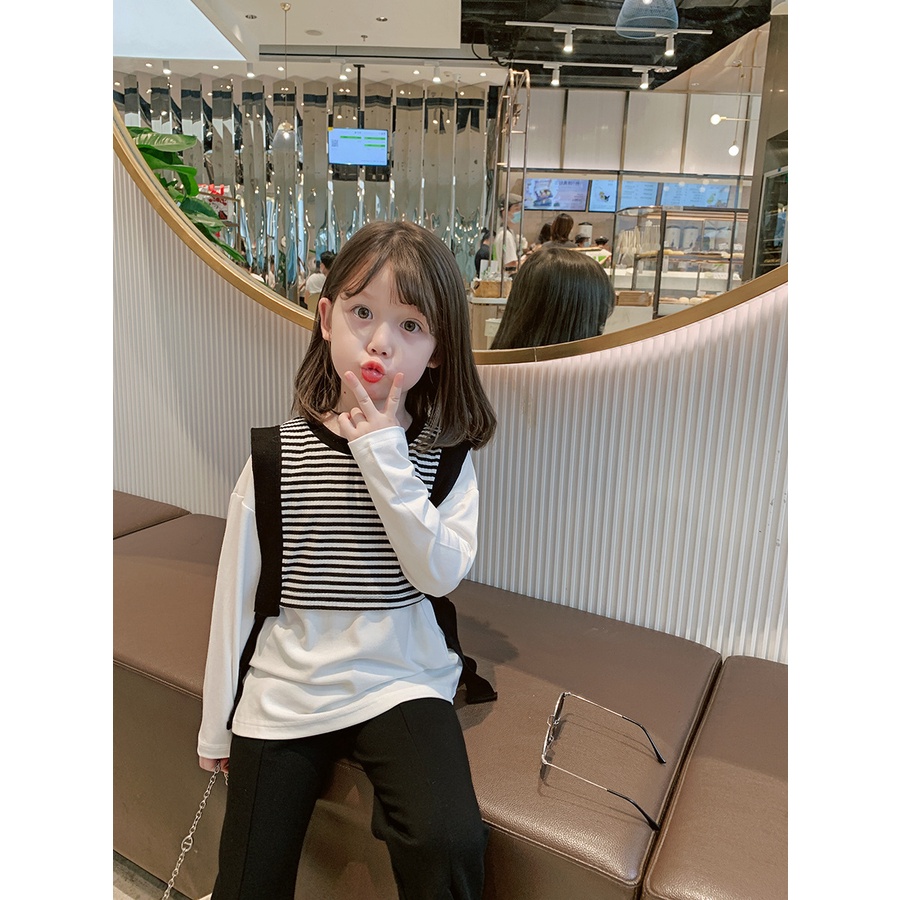 Áo Thun Dài Tay Giả Hai Lớp Họa Tiết Kẻ Sọc Thời Trang Xu Hướng Mới Cho Bé Gái