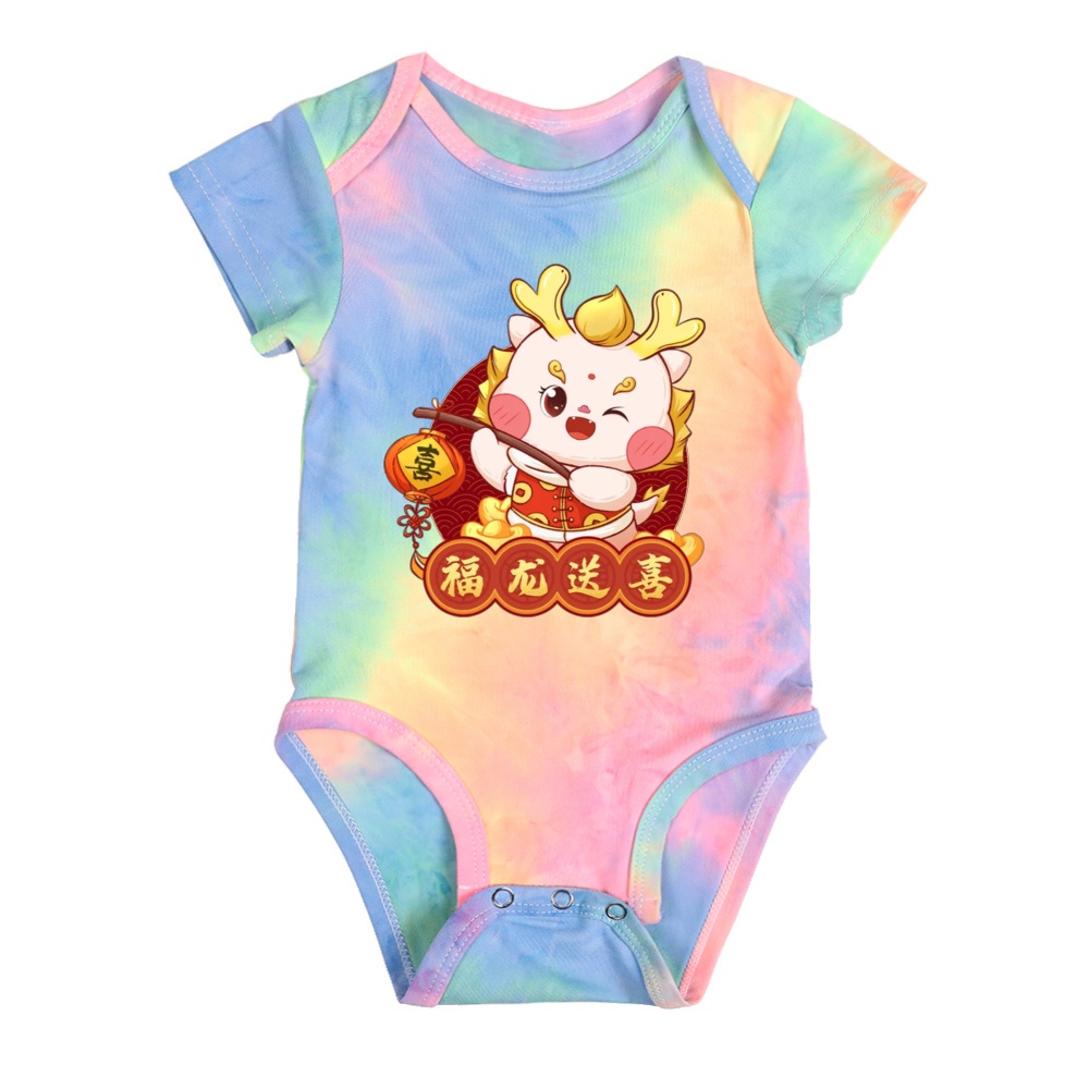 2024 Năm Rồng CNY Họ Phù Hợp Với Dây Buộc Nhuộm Áo Thun Thời Trang Mùa Hè Hoạt Hình Tee Tie Dye Áo Họ Nhìn Năm Mới Tay Ngắn Top