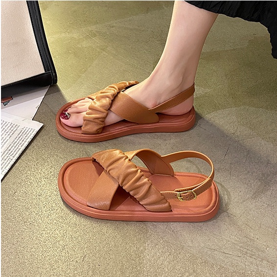 Thời Trang Xăng đan Đế Bằng Quai Chéo Màu Trơn Xinh Xắn Cho Nữ