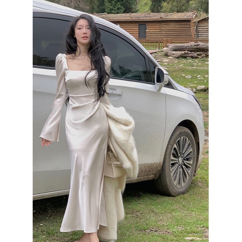 Qzas satin Rắn Dài Tay Áo Dài Mỏng Vừa Vặn 7598 #