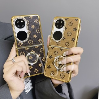 Bao Da Điện Thoại Chống Sốc Viền Vàng Họa Tiết Hoa Đính Đá Cho uawei P50 Pocket Ốp
