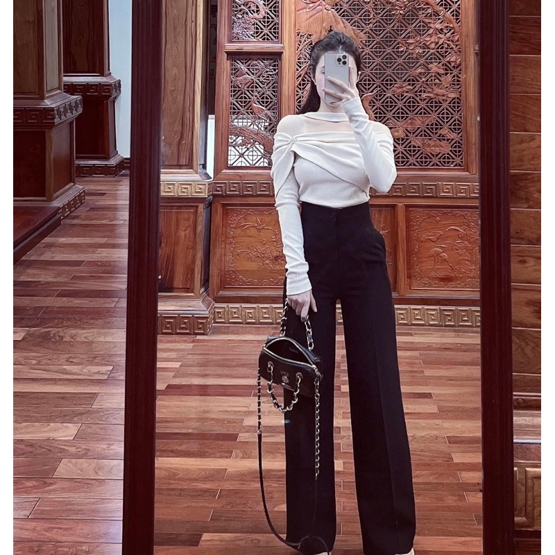 Áo Trễ Vai Sang Chảnh, Thun Tăm Co Dãn, Cài Tag Hoa Đá Xinh Xắn