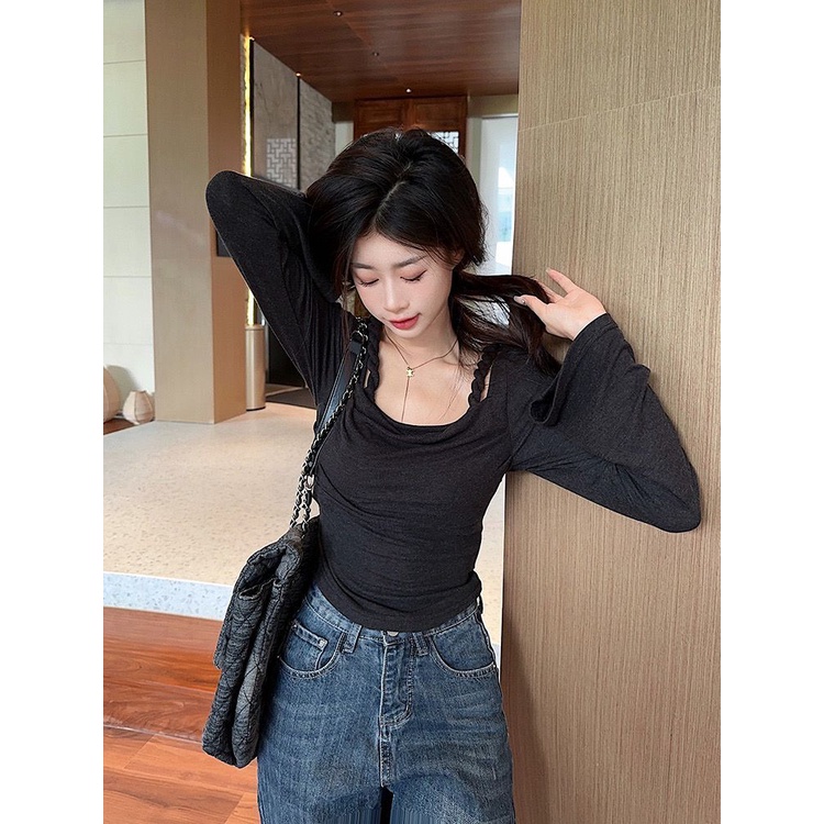 Áo Thun Tay Dài Cổ Vuông Dáng Ôm Thời Trang Mùa Thu Hàng Mới Dành Cho Bạn Nữ