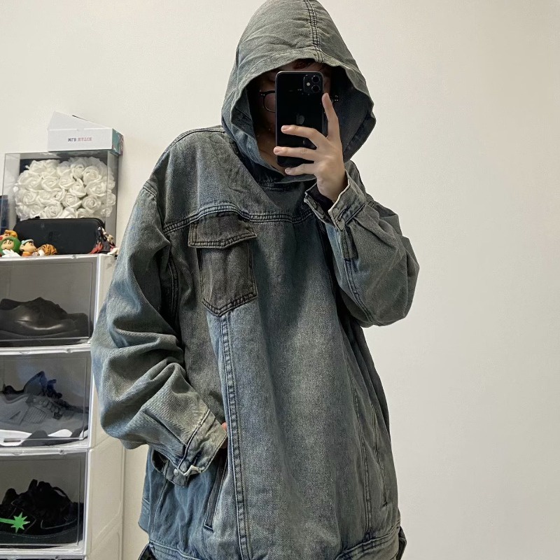 Áo Khoác Jean Tay Dài Có Nón Phong Cách harajuku Nhật Bản Cho Nam Nữ