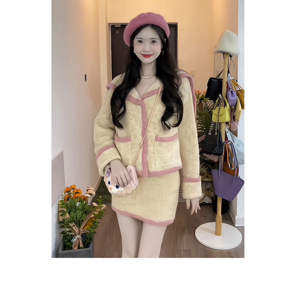 Bộ áo khoác ngắn mùa thu dễ thương, áo len + váy gợi cảm cho nữ