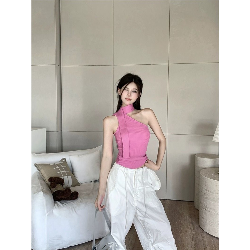 Áo Dệt Kim Hai Dây Dáng Ôm Ngắn Hở Vai Thời Trang Mùa Hè Quyến Rũ Cho Nữ