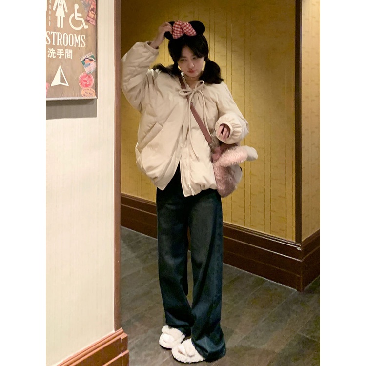Áo Khoác Đệm cotton Dày Dáng Rộng Cổ Tròn Thắt Nơ Ngọt Ngào Cao Cấp Mùa Thu Hàn Quốc Cho Nữ