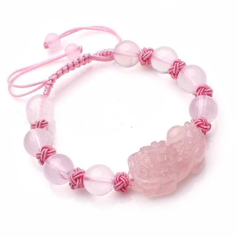 Vòng Tay Dây Bện Mặt Đồng Xu Nhỏ Màu Hồng Hạt pixiu Tự Nhiên Thắt Nút pixiu Chính Hãng Cho Nữ