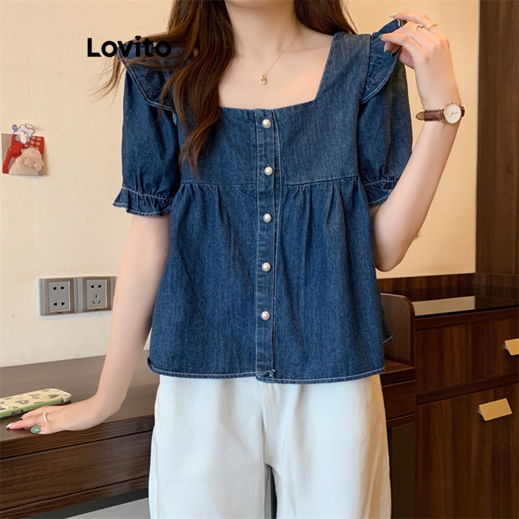 Lovito Áo denim xếp li phía trước có nút trơn thông thường dành cho nữ LNE22026 (Màu xanh da trời)