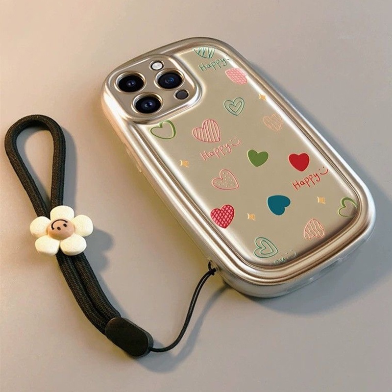 Ốp Điện Thoại Dẻo Màu Đen In Hình Hoa / Trái Tim / oval Có Dây Đeo Cho iphone 15 pro max 14 13 12 11 pro max xr ix