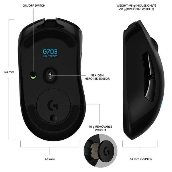Chuột Không Dây Máy Tính G703 HERO Lightspeed Wireless Có Led